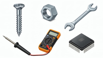 Collection of tools and hardware elements on a table