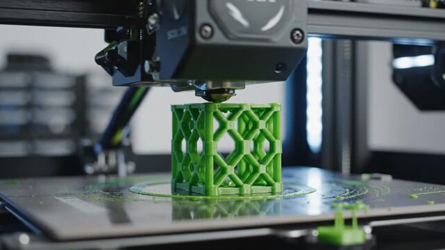 3D printer creating a green intricate geometric object on a build plate, demonstrating additive manufacturing technology