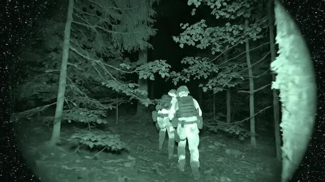 Night vision simulation of tactical team advancing through dark forest. Soldiers in gear navigate wooded path during training patrol exercise