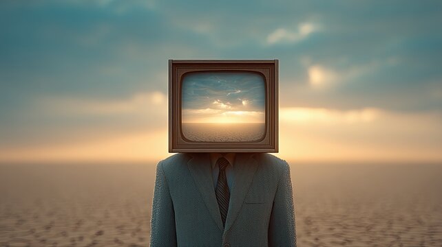 surreal figure with television head in desert landscape