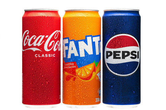 Yerevan Armenia 1.10.2026. Three cans of soda, one of which is Pepsi