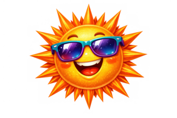 Cartoon sun character wearing stylish sunglasses, happily smiling, radiating summer fun and vibrant energy, transparent background