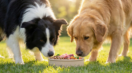 Two dogs sharing a bowl of healthy food outdoors: Border Collie and Golden Retriever eating kibble mixed with meat and vegetables. Dog food.