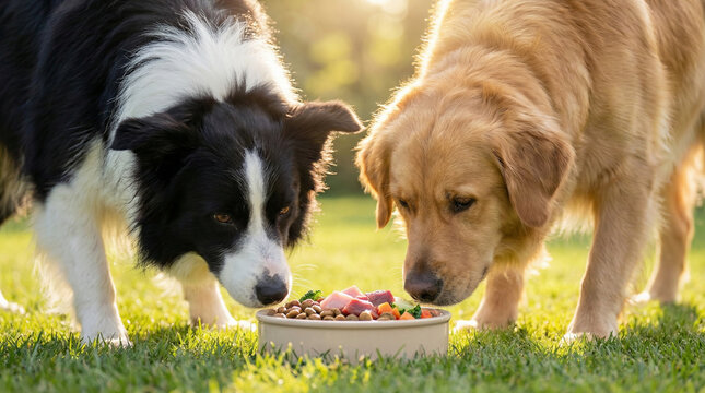 Two dogs sharing a bowl of healthy food outdoors: Border Collie and Golden Retriever eating kibble mixed with meat and vegetables. Dog food.
