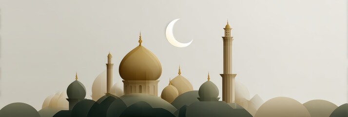 islamic design, web header with minimalist mosque silhouette, crescent moon, in a soothing color scheme