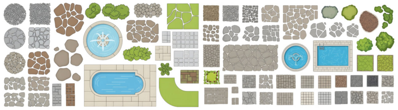 Top Down Flat Vector Landscape Elements Set Featuring Paving, Fountain, and Swimming Pool Symbols