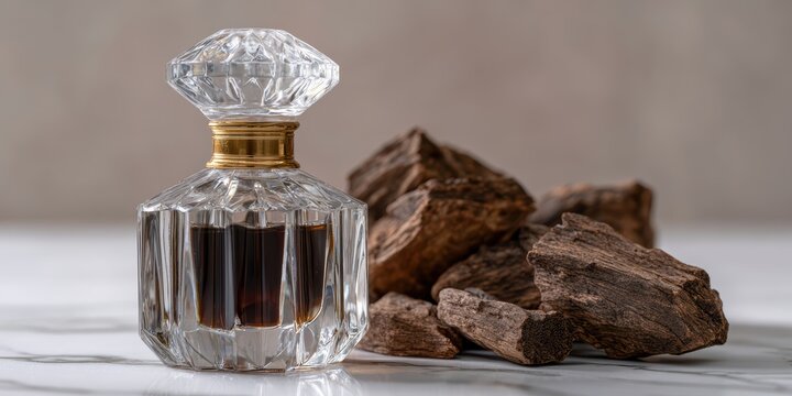 luxury aromatherapy, a crystal bottle of oud attar perfume oil and agarwood chips on marble, with clear focus on glass and wood details