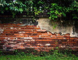 Weathered brick wall with sections of missing plaster, topped by green foliage against a grassy foreground