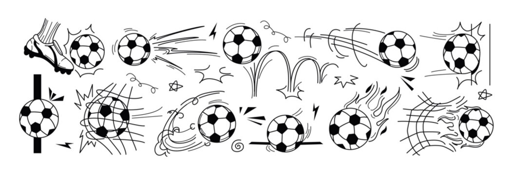 Vector soccer ball doodle illustration with kick spin motion, hit and bounce line effects. Hand drawn football icons with flying movement, fire and goal net. Jump trajectory of burning sport equipment
