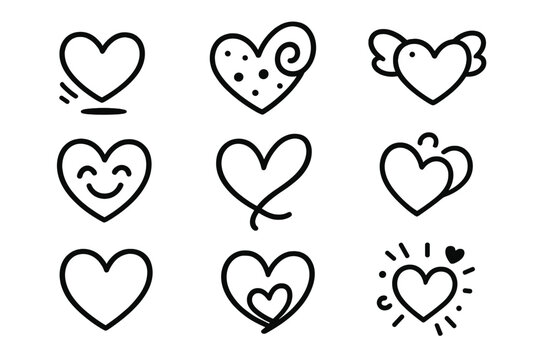 Playful Heart Icons. Playful Heart Icons set in outline vector style : bouncing heart, doodle heart swirl, polka-dot heart, heart with tiny wings, giggling