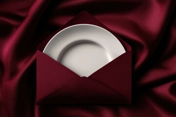 Elegant white dinner plate partially concealed within a richly folded, deep burgundy napkin presentation