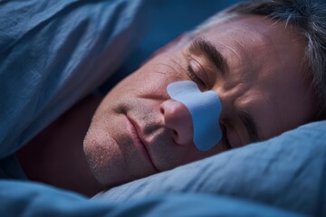 middle-aged man wearing a nose tape, lying in a blue bed and sleeping