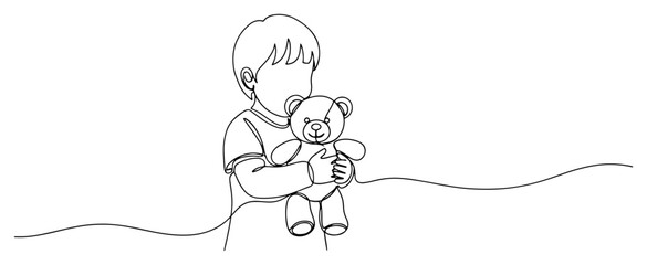 Little boy with teddy bear. Continuous one line drawing of child holding plush toy. Vector cute character illustration. © ----WWWLINE----