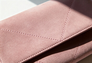 Close-up of pink suede leather texture with geometric stitching. Dusty rose fashion accessory detail with hard shadows. Winter outfit background