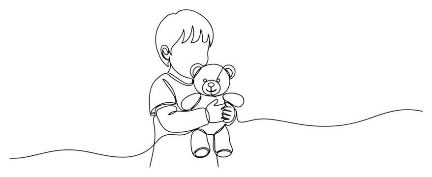 Little boy with teddy bear. Continuous one line drawing of child holding plush toy. Vector cute character illustration.