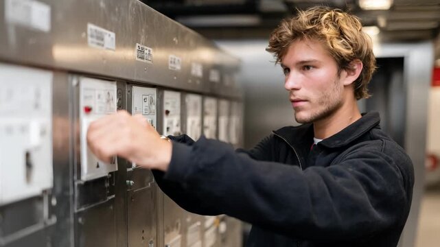 Worker carrying out quarterly fire safety checks inspecting alarm sensors and sprinkler heads for damage or malfunction in a residential complex hallway.