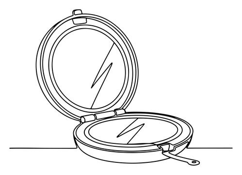 Open cosmetic compact mirror. Continuous one line drawing of pocket makeup accessory. Vector beauty illustration.
