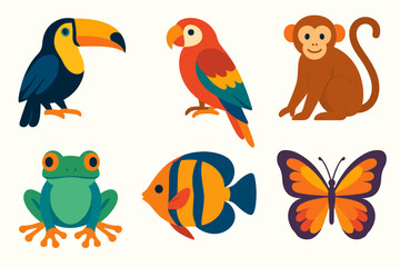 Fototapeta premium Vibrant Tropical Icons. Tropical wildlife vector set in modern flat style : toucan, parrot, monkey, tree frog, tropical fish, butterfly