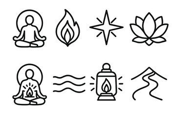Obraz premium Spiritual Icons Harmony. Spiritual Inner Light set in outline vector style: meditative figure, sacred flame, guiding star, aura circle, lotus bloom, calm wave, inner lantern, elevated path