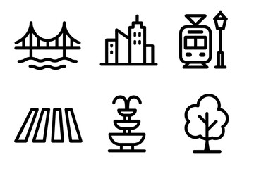 Urban Cityscape Icons. Cityscape Icons set in outline vector style : bridge, city skyline, tram, lamppost, crosswalk, fire hydrant, fountain, urban tree