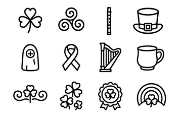 St. Patrick's Icons. St. Patrick&rsquo;s Day Symbols set in outline vector style: shamrock trio, Celtic spiral, traditional tin whistle, folklore hat, ancient stone