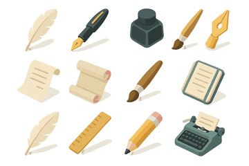 Artistic Writing Icons. Artistic Text set in isometric flat vector : quill, fountain pen, ink bottle, calligraphy nib, parchment, scroll, brush, notebook, typewriter, feather, ruler, pencil