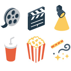 Cinema Icon Set. Cinema popcorn time elements set in isometric flat vector : film reel shape, clapperboard form, spotlight cone, soda glass, popcorn box, beam stripe, haze curl, star dot