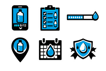 Bold Hydration Icons. Hydration tracking icon set in silhouette bold style. Contain mobile app screen, intake checklist, progress bar, daily goal marker, calendar drop, achievement badge