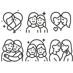 Sisterly Bond Icons. Sisterly Connection set in outline vector style : intertwined lines, soft sparkle, joined dots, affectionate arc, tender droplet, warm shimmer