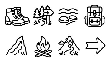 Heroic Quest Icons. Wilderness Heroic Quest set in outline vector style: rugged boots, forest trail marker, river crossing icon, survival pack, cliff ascent
