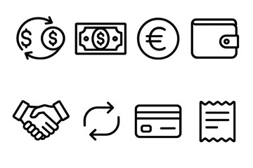 Currency Exchange Icons. Exchangeset in outline vector style currency exchange sign, dollar bill, euro coin, wallet, handshake, arrows, credit card, receipt