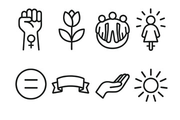 Women's Day Icons. International Women&rsquo;s Day Celebration Elements set in outline vector style: raised hand symbol, blooming flower, unity circle, empowerment
