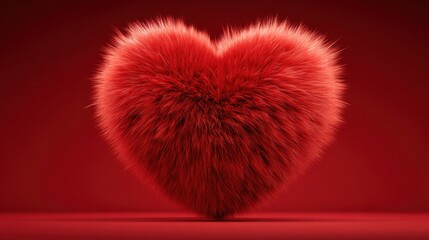 Fluffy vibrant red textured heart object stands prominently centered against a deep red background