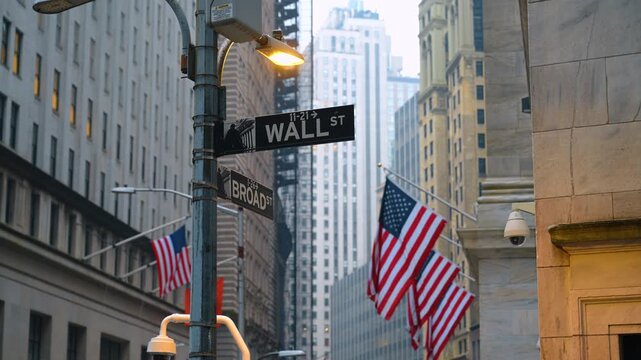 Road signs directing to Wall Street and Broad Street in New York, USA. American flags hang on the facades of the buildings at backdrop.
