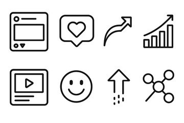 Digital Promotion Icons. Digital Brand Promotion set in outline vector style: social post frame, engagement bubble, share arrow, analytics bar, content tile, reaction icon, reach line, network node