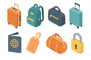Isometric Luggage Icons. Luggage set in isometric flat vector : suitcase, backpack, travel bag, trolley, passport, luggage tag, duffel bag, lock