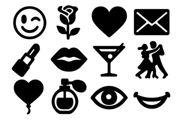 Brutalist Flirtation Icons. Flirtation icon set in silhouette bold style. Contain winking face, rose, heart, envelope, lipstick, kiss mark, cocktail glass,