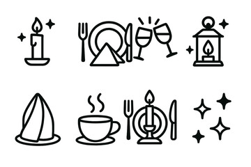 Cozy Dining Icons. Dining Atmosphere set in outline vector style: candle glow, table setting, warm lantern, clinking glasses, soft light ray, cozy napkin fold, gentle steam swirl, ambient sparkle