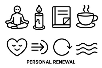 Meditative Renewal Icons. Personal Renewal set in outline vector style: meditation pose, candle flame, journal page, warm tea cup, refreshed heart, breathing lines, reset symbol, calm wave