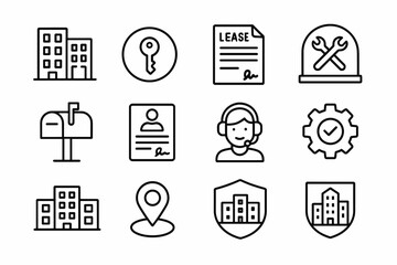 Urban Housing Icon Set. Urban Housing Services set in outline vector style: house block, key emblem, lease paper, maintenance arc, mailbox tile, contract
