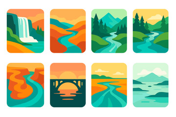 Vibrant River Icons. River landscapes vector set in modern flat style : waterfall, river valley, forested bank, mountain spring, canyon river bend, bridge silhouette, delta shape, misty horizon