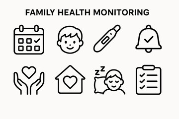 Family Health Essentials. Family Health Monitoring set in outline vector style: shared calendar check, child wellness icon, temperature strip, medication