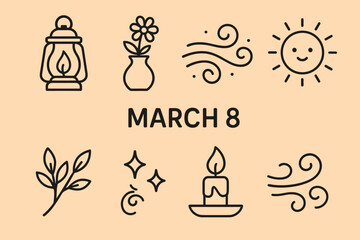 Spring Serenity Icons. March 8 Warm Ambience set in outline vector style: cozy lantern, flower vase, gentle wind lines, calm sun, serene branch, soft shimmer, comfort glow, spring air swirl