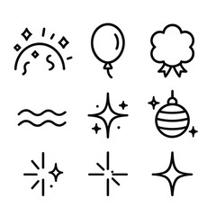 Festive Icon Array. Celebration Spark set in outline vector style : sparkling confetti arc, glowing balloon bead, soft ribbon puff, gentle ripple line, festive