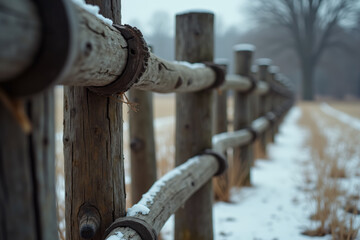 Old wooden fence covered in snow in winter, with copy space
