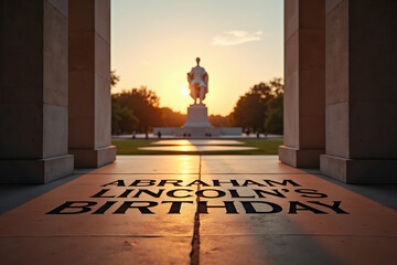 Abraham Lincoln's Birthday text at memorial during golden hour with copy space