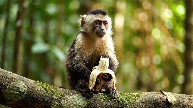 A capuchin monkey with a banana sits on a moss-covered tree branch in a lush, tropical rainforest, showcasing the natural beauty of wildlife in its habitat