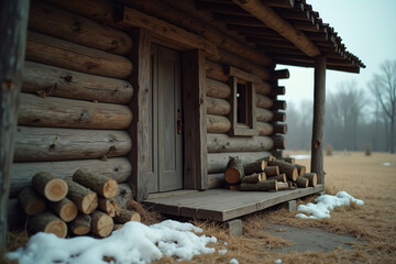 Rustic log cabin with firewood on porch in winter with copy space
