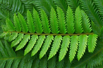 Fresh green fern leaves arranged on a flat surface