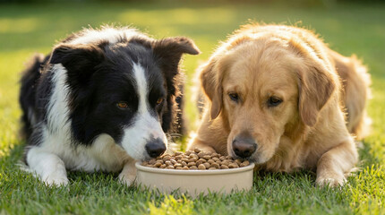 Two dogs lying down on grass while eating dry food from a shared bowl: Border Collie and Golden Retriever